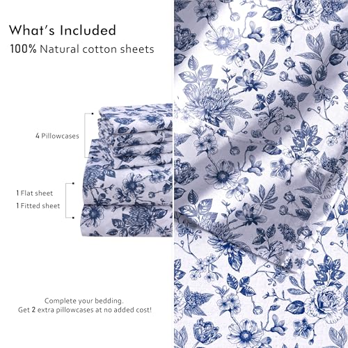 RUVANTI 6 Pcs Cotton Sheets - 100% Natural Cotton Soft, Lightweight & Breathable Crispy Percale Bed Sheets, Queen Sheet Set 16" Deep Pockets, Wild Flower RUVANTI