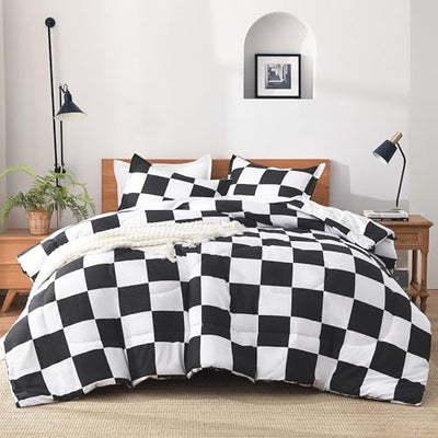Andency Checkered Comforter Twin(66x90Inch), Black White Plaid Gingham Bed Set for Teen Boys Kids, Lightweight Microfiber Geometric Preppy Bedding, 2 Pieces