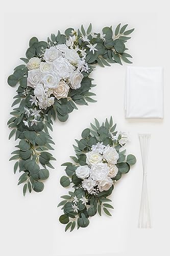 Olalaka White Artificial Wedding Arch Flowers Kit (Pack of 3) with 26Ft White Shiny Arch Draping Fabric for DIY Wedding Party Ceremony Reception Backdrop Floral Decoration Olalaka