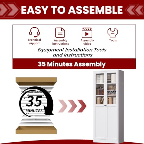 AQY Kitchen Pantry Cabinet,72" White Pantry Storage Cabinet with 5 Tire Adjustable Shelves and Glass Doors,Freestanding Cupboard,Metal Pantry Cabinets with Handle for Living Room,Assembly Required AQY