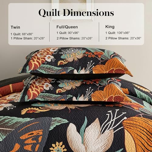 Tyrot 3 Piece Black Boho Floral Full/Queen Quilt Sets Reversible Farmhouse Botanical Lightweight Bedspread Coverlet with 2 Shams Butterfly Microfiber Bedding Quilts Set for All Season, 90''x96'' Tyrot