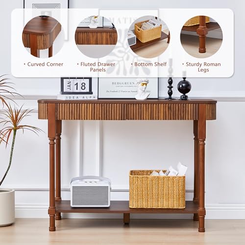 MAHYIZYI Fluted Console Table for Entryway, 43.3'' Narrow Entryway Tables with 2 Wooden Drawers, Retro Sofa Table Behind Couch Accent Tables for Foyer, Living Room, Hallway (Walnut) MAHYIZYI