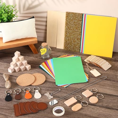 Dunzoom 96 Pcs Laser Material Explore Kit Laser Engraving Material for Laser Crafting, 18 Kinds Laser Engraving Accessories Includes Leather, Acrylic, Basswood, Metal, Wood Materials Dunzoom