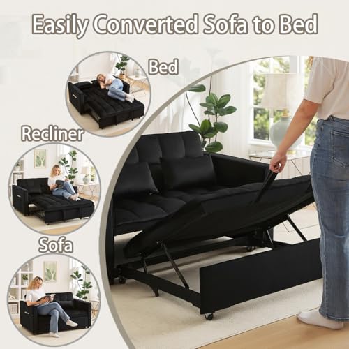 SUNPOKUILN 70" 3-in-1 Velvet Sleeper Sofa Bed, Convertible Pull Out Couch w/Adjustable Back, Armrests & Storage. Modern Black Futon for Living Room, Bedroom, Small Space - 2 Pillows Included Black SUNPOKUILN