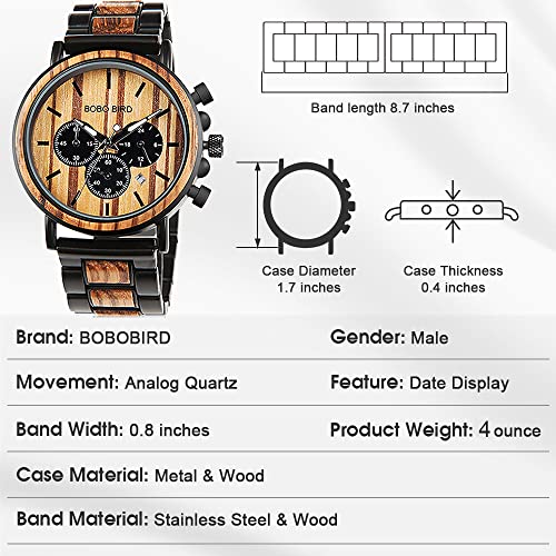 BOBO BIRD Wooden Mens Watches Large Size Stylish Wood & Stainless Steel Combined Chronograph Military Quartz Watch (Balck Wood Band) BOBO BIRD