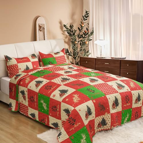 ROMROL Christmas Quilt Set King Size, Red Plaid Christmas Bedding Comforter Set Lightweight Patchwork Elks Quilted Coverlet Bedspread with 2 Pillow Shams(96 * 90”) ROMROL