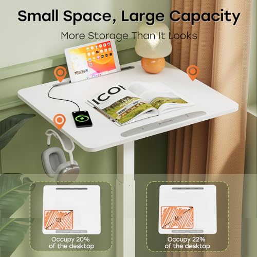 JOY worker Mobile Standing Desk, 23.6" x 20.5" Small Rolling Laptop Cart with 90° Tiltable Desktop, Portable Height Adjustable Sit-Stand Computer Desk on Wheels for Home Office, White JOY worker