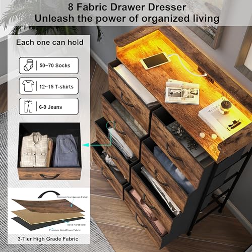 Welfuturer Tall Dresser for Bedroom with Charge Station 8 Drawers Dresser with LED Lights Chest Organizer Units for Hallway Entryway Closets Sturdy Steel Frame Wood Top Easy Pull Handle Rustic Brown Welfuturer