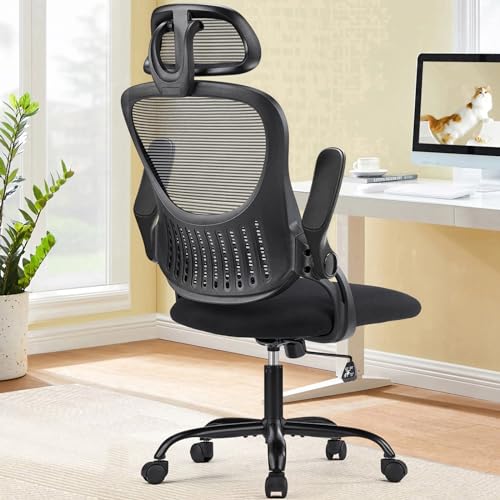 Sweetcrispy Office Computer Desk Chair, Ergonomic High-Back Mesh Rolling Work Chairs with Wheels and Adjustable Headrests, Comfortable Lumbar Support, Comfy Flip-up Arms for Home, Bedroom, Study,Black Sweetcrispy