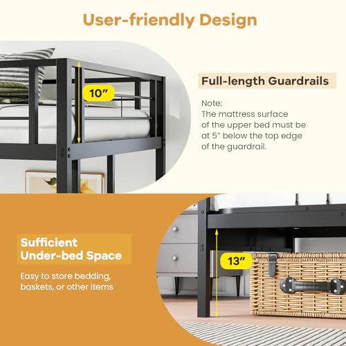 MAT EXPERT Futon Bunk Bed, Metal Bunk Bed Twin Over Twin with Futon & 10” Full Length Guardrails, Double Integrated Ladders, Convertible Loft Bed with Couch for Kids, Teens, Adults, Black MAT EXPERT
