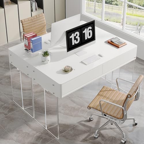 Tribesigns Computer Desk with 2 Drawers, Home Office Desk with Acrylic Legs, Modern White Desk with Storage, Makeup Vanity Desk for Bedroom Tribesigns