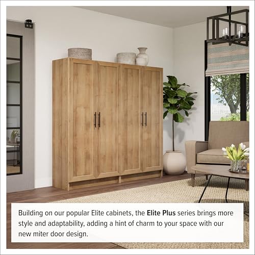 Prepac Natural Oak Elite 65" Tall Accent Kitchen Pantry Cabinet, Craft or Bathroom Storage Cabinet, Buffet Storage with Panel Doors, 3 Shelves, 32" W x 16.75" D x 65" H, Ideal for Home Organization Prepac