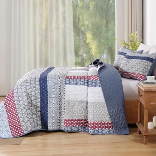 WONGS BEDDING Blue Red Quilt King Size, Bohemian Stripe Quilt Sets 3 Pieces Boho Quilted Bedspread Set Lightweight Microfiber Coverlet Bedding Set All Season (104"x90") WONGS BEDDING