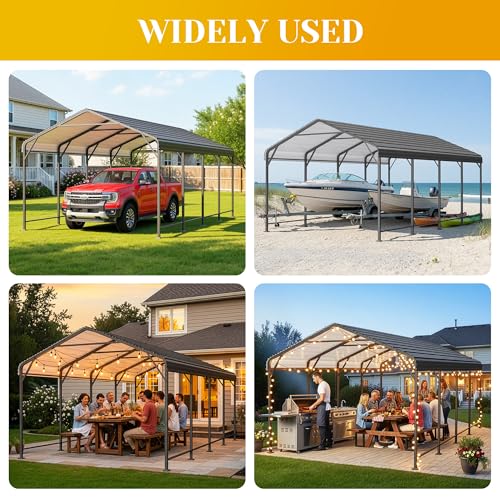 12' x 20' Carport, Heavy Duty Carport with Updated Roof & Enhanced Base, All Weather Steel Car Port, Multi-Use Car Port Garage, Metal Carports for Car, Truck, Boat, Tractors, Party, Grey FansaFurn
