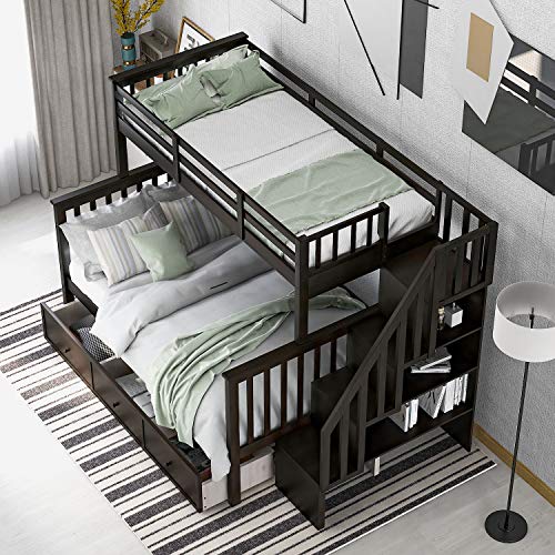 Harper & Bright Designs Twin Over Full Bunk Bed with Stairs and Drawers, Solid Wood Stairway Bunk Bed with Storage for Kids Teens Adults, Bedroom, Dorm (Espresso) Harper & Bright Designs
