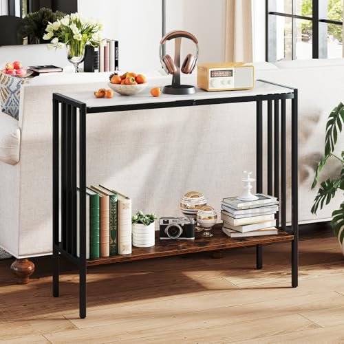 GOFLAME Entryway Table with Storage, 2-Tier Marble Sofa Table with Sintered Stone Top, Wood Shelf, Industrial, Metal Frame, Modern Console Tables for Entryway, Living Room, White & Rustic Brown GOFLAME