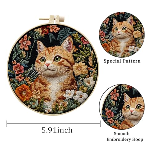 LB Orange Cat Embroidery Kit for Beginners Adults, 3 Sets Hand Embroidery Starter Kit with Floral Pattern and Instructions Stamped Cross Stitch Kits Include Embroidery Hoop Needles Threads Scissors