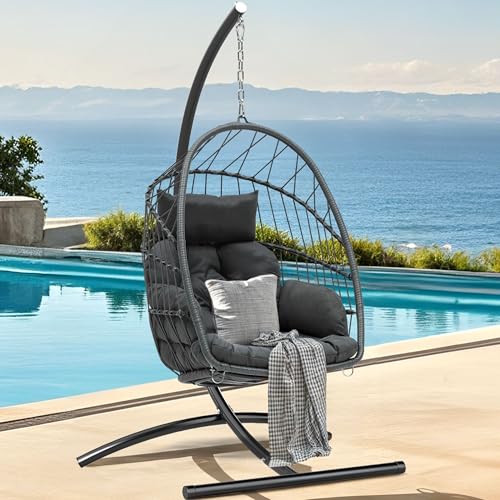 DWVO Egg Chair with Stand, Hanging Outdoor Rattan Wicker Patio Hammock Indoor Egg Chair with Cushion, Hanging Swing Chair 300lbs for Porch, Garden, Bedroom, Balcony, Gray DWVO