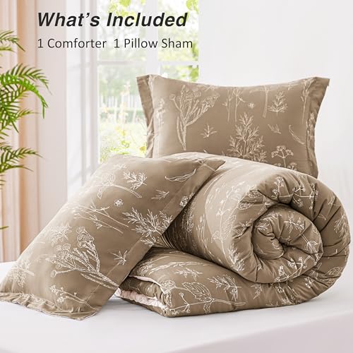 Love's cabin Light Taupe Twin Comforter Set - Twin XL Size Dorm Bedding, 2 Pieces Cute Floral Bedding Comforter Set, Soft Reversible Flowers Comforter, 1 Comforter & 1 Pillow Sham Love's cabin