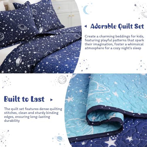 JSD Blue Stars Kids Quilt Set Full/Queen, 3 Piece Space Theme Boys Printed Bedspread Coverlet with Pillow Sham Quilted Blanket JSD
