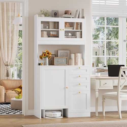 70.8"H Tall Robot Vacuum Stand Cabinet with 4 Drawers for Hanging Files, Pantry Storage Cabinet with Microwave Stand Printer Stand and Adjustable Shelves Bookcase for Living Room, Office, White Keyluv