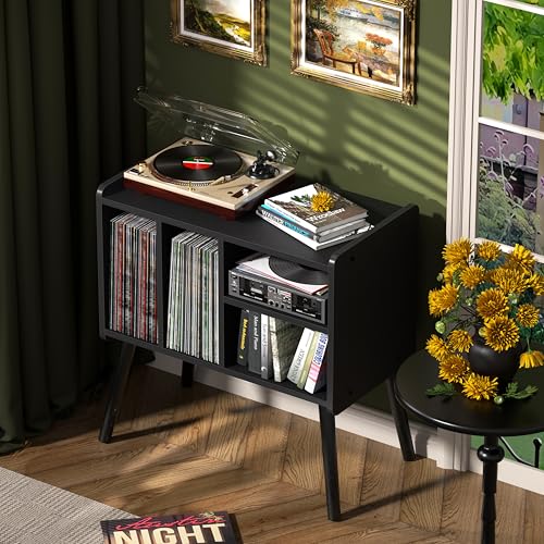 UODERS Record Player Table, Mid-Century Record Player Stand with Vinyl Storage Hold Up to 150+ Albums, Vinyl Record Cabinet with Adjustable Shelves, Wood Turntable Stand for Music Living Room (Black) UODERS