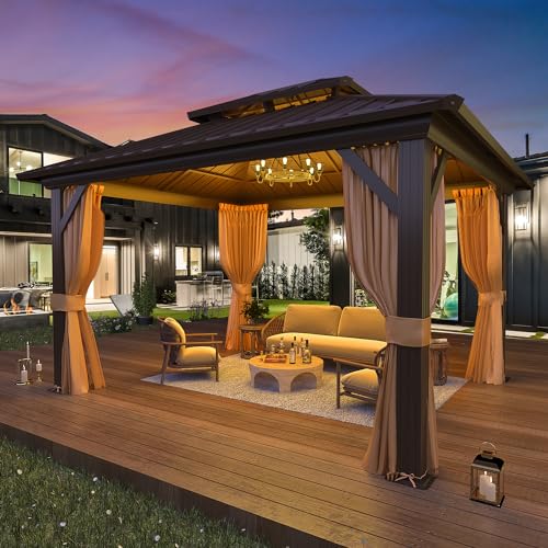 EROMMY 10' x 12' Hardtop Gazebo, Galvanized Steel Double Roof Gazebo with Aluminum Frame, Permanent Outdoor Metal Pavilion with Curtain and Netting for Patio, Lawn and Garden EROMMY