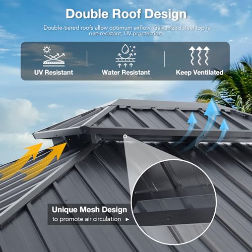 Patiorama 12β x 16β Hardtop Gazebo, Outdoor Wood Grain Frame Aluminum Gazebo with Galvanized Steel Double Vented Roof Canopy, W/Shaded Curtains and Netting, Pergola for Patio, Yard, Garden (Grey) Patiorama