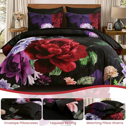 WONGS BEDDING Black Comforter Set King Size, 7 Pieces Floral Bed in a Bag Set, Luxury Red Flower Bedding Set, Soft Microfiber for All Season with Pillowcases & Shams,Sheets(90"×104") WONGS BEDDING