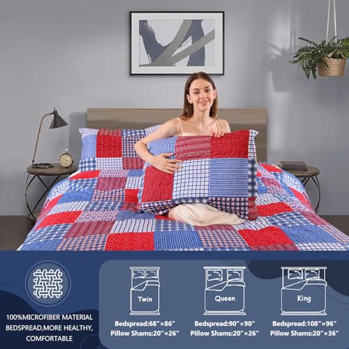 Jessy Home Plaid Quilt Set Twin Bedspread Coverlet Set Red Blue White Patchwork Twin Size Quilt Set Bedding Soft Lightweight Quilts Coverlet Country Reversible Quilt Bed Spread with 2 Pillow Shams Jessy Home