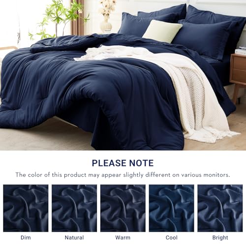 MUXHOMO 7 Pieces Queen Comforter Set, Soft Bed in a Bag Queen Size, All Season Bedding Set with Comforter, Flat Sheet, Fitted Sheet, Pillowcases & Shams, Navy Blue MUXHOMO
