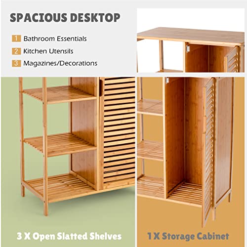 Giantex Bathroom Storage Cabinet Bamboo Floor Cabinet Free Standing Organizer, with 3-Tier Open Shelf & Multipurpose Closed Compartments for Kitchen, Living Room Giantex