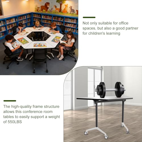 Rolling Trapezoid Conference Table with Silent Wheels,Moveable Foldable Meeting Tables,Flip Top Modular Seminar Table,Business Mobile Folding Training Tables for Office Room,Surface is White(8pack, B) ATagope