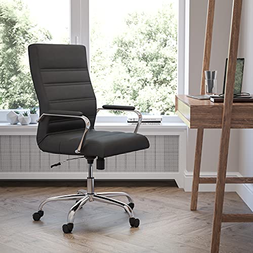 Flash Furniture Whitney High-Back Swivel LeatherSoft Desk Chair with Padded Seat and Armrests, Adjustable Height Padded Office Chair, Black/Chrome Flash Furniture