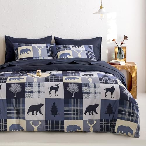 Wake In Cloud - Rustic Duvet Cover Set, Cabin Christmas Lodge Western Country Bear Deer Holiday RV Outdoor Winter Theme, Soft Lightweight Bedding, 3-Piece, Blue Beige, Twin/Twin XL Size Wake In Cloud