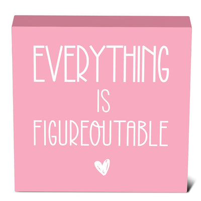 mmiishe Everything Is Figureoutable Wooden Box Sign Decorative Inspirational Farmhouse Wood Box Sign Home Office Decor Motivational Gift Rustic Square Desk Decor Sign for Shelf Pink