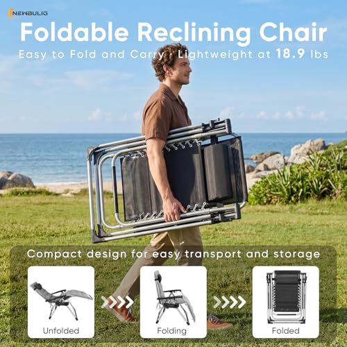NEWBULIG Zero Gravity Chair, Folding Patio Recliner with Removable Cushion & Cup Holder Trays, Portable Lounge Chair for Beach & Camping, Classic Grey