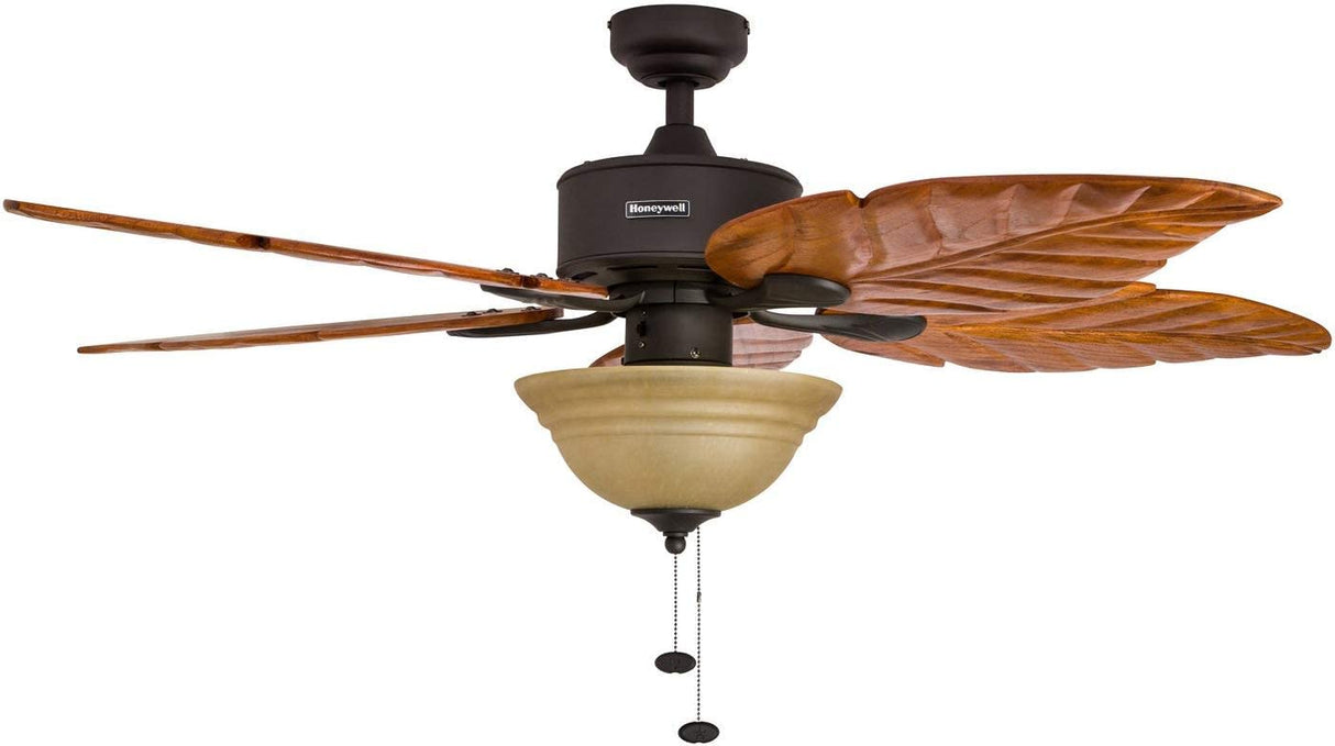 Honeywell Ceiling Fans Royal Palm, 52 Inch Tropical LED Ceiling Fan with Light, Pull Chain, Three Mounting Options, Hand Carved Solid Wood Blades - 50204-01 (Bronze) Honeywell Ceiling Fans
