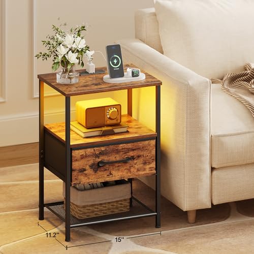 TRIFEBLE Night Stand Set 2, End Table with Charging Station, LED Bedside Table with Fabric Drawer for Bedroom, 3-Tier Side Table with Open Shelf, Rustic Brown TRIFEBLE