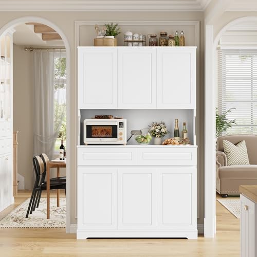 FACBOTALL 74" Pantry Cabinet, Tall Kitchen Pantry Cabinet with 6 Doors and 2 Drawers, Kitchen Hutch with Wide Countertop, Modern Kitchens Cupboard with Adjustable Shelves and Charge Holes, White FACBOTALL