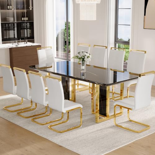 MEMUY 79" Black Modern Dining Table Set for 10,MDF Board Wood Table Top with Golden Metal Legs,Glossy Black Kitchen Room Table Set for 10-12 Person,Dining Room Table with 10 White Golden Chairs MEMUY