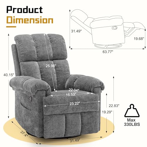 Korser Recliner Chair, Swivel Rocker Recliner Chair for Adults, Small Recliners for Small Spaces, Manual Recliner with Side Pockets, Upholstered Nursery Rocking Chair for Living Room, Chenille, Grey