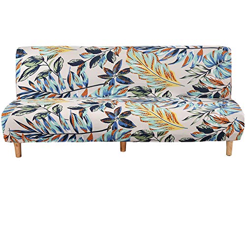 WOMACO Printed Futon Cover Stretch Sofa Bed Slipcovers Full Twin Queen Size Armless Couch Loveseat Protector Covers with Elastic Bottom for Living Room Bedroom Furniture (Rain Leaves, 63"-75") WOMACO