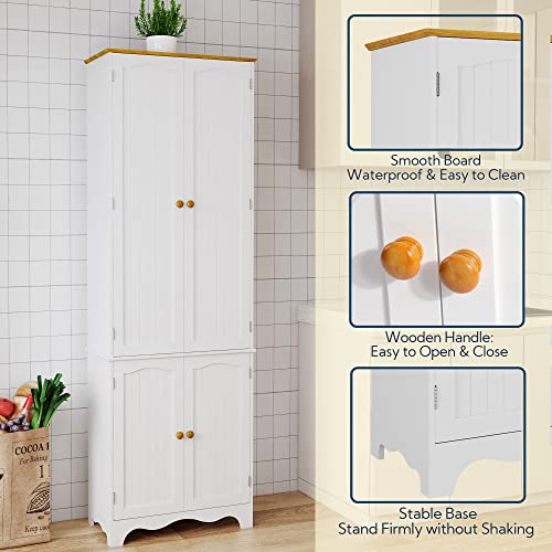 Yusong 72'' Tall Kitchen Pantry Cabinet, Freestanding Storage Cabinet with Doors and Shelves, Wooden Food Pantry Farmhouse Cupboard Buffet for Kitchen Dining Living Room, White Honey Yusong