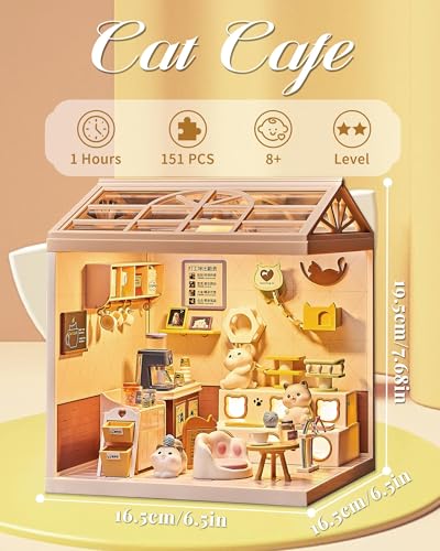 Kisoy DIY Miniature House Kit, Tiny House Building Kit with Furniture and LED Light for Teens and Beginners, DIY Mini House Craft Kit, Christmas Decorations/Gifts for Family and Friends (Cat Cafe)