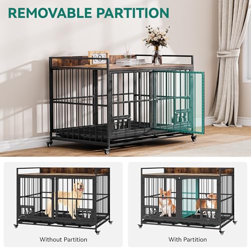 YITAHOME 37.5'' Heavy Duty Dog Crate with Removable Divider, Double Doors & Locks Design, Furniture Style Large Dog Crate with 360° Rotatable Dog Bowls & 360° Wheels & 2 Trays for Small/Medium Dog YITAHOME
