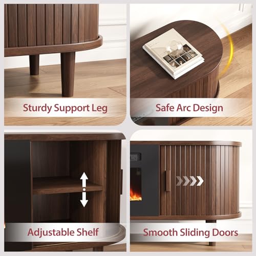 OneBlis 70" Mid Century Modern TV Stand with Fireplace, Fluted Fireplace TV Stand, Entertainment Center with Sliding Door, TV Console with Solid Wood Legs for Living Room, Walnut OneBlis