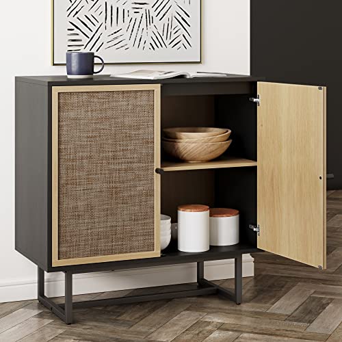 Nathan James Accent Boho Modern Free Standing Buffet Sideboard Hallway, Entryway, Dining Living Room, 1 Storage Cabinet, Black Oak/Cane Nathan James
