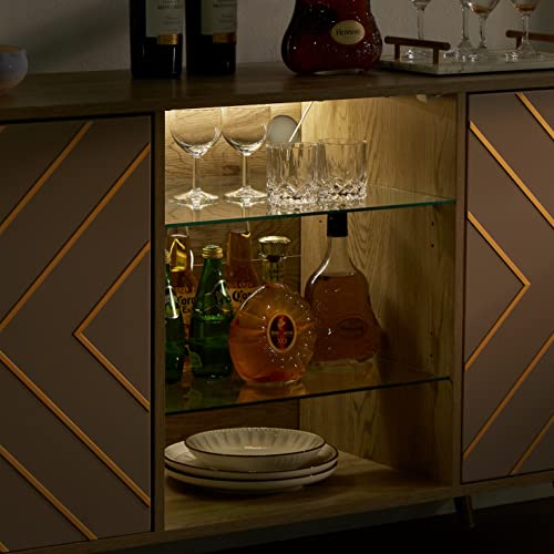 roomfitters Mid Century Modern TV Stand with Storage, Entertainment Center with LED Lights, Sideboard Credenza Buffect Cabinet, Media Console for Living Room (Geometric Grey, Gold Inlayed) roomfitters