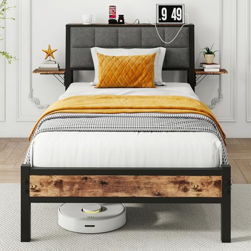 JUISSANO Twin Bed Frame with Wood Storage Headboard/USB Charging Station,Heavy Duty Metal Platform Bed Frames Twin Size No Box Spring Needed,Removable Bedside Shelf,Black and Rustic Brown JUISSANO